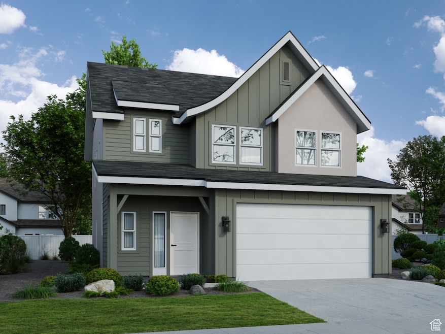 Rendering of to be built - View of front of house with an attached garage, a shingled roof, board and batten siding, and concrete driveway