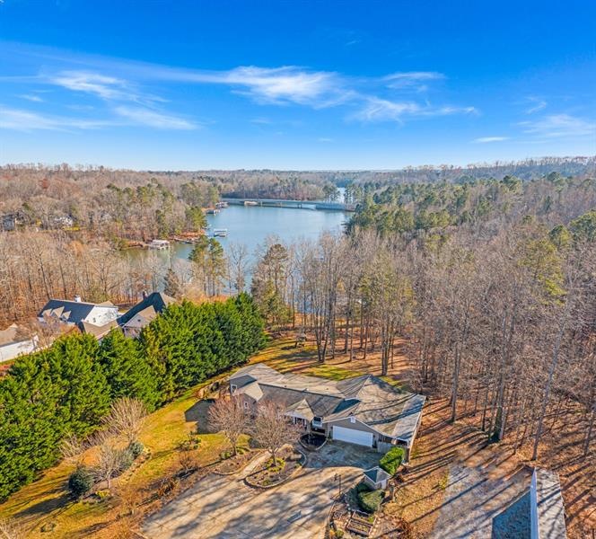 Aerial view of the main house and the lake.