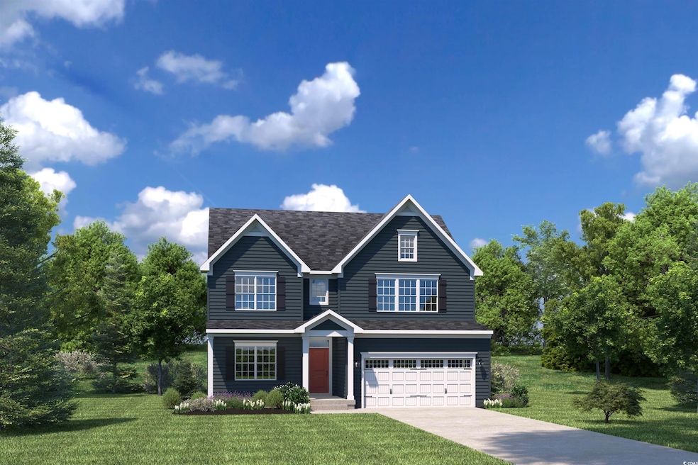 Traditional-style house with an attached garage, a front lawn, roof with shingles, and driveway