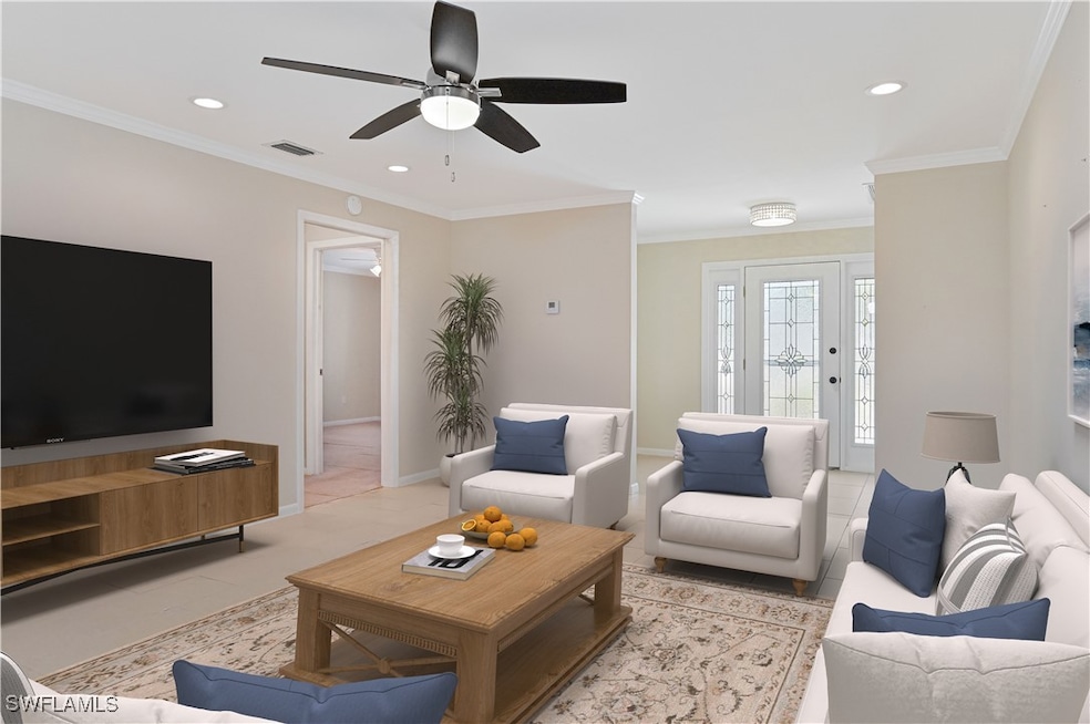 Large open concept living area.  Plank tile. Crown