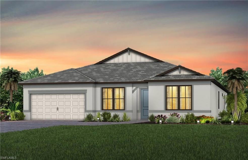 Elevation rendering, home has 3 car garage.