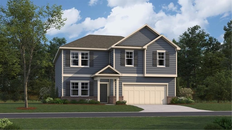 Craftsman-style house featuring a garage, concrete driveway, a front lawn, and brick siding