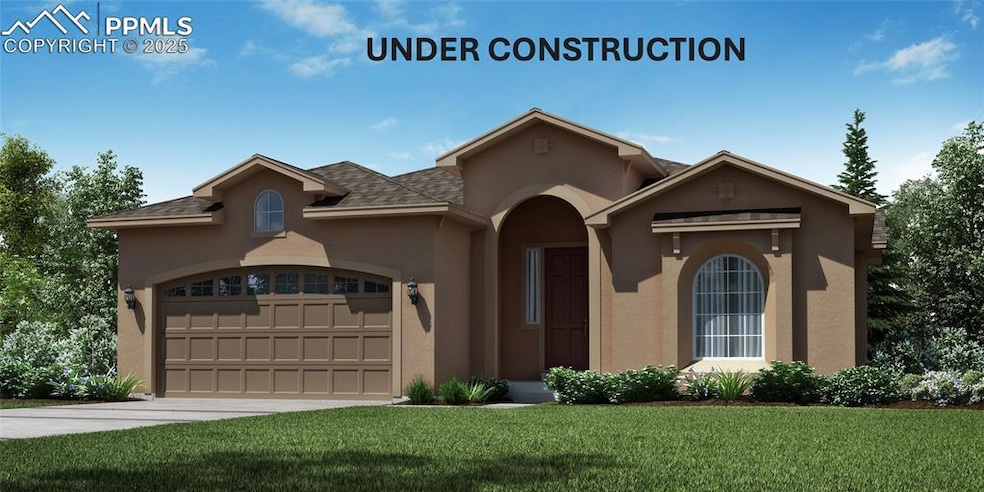 View of front of house featuring a front lawn, stucco siding, driveway, and a shingled roof