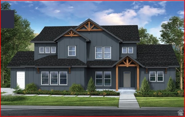 View of front of property with a front yard, board and batten siding, and a shingled roof