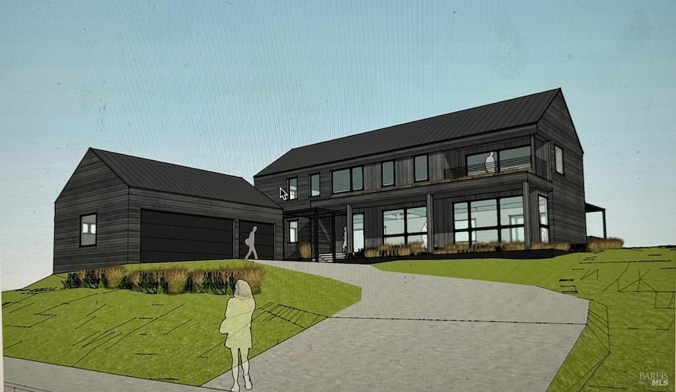 Rendering of the Passive House designed to take full advantage of the views from the front covered porch, and the primary suite and the great room. The home is approximately 3100 square feet with a 3 car garage, and has 4 bedrooms, 4 1/2 bathrooms wi