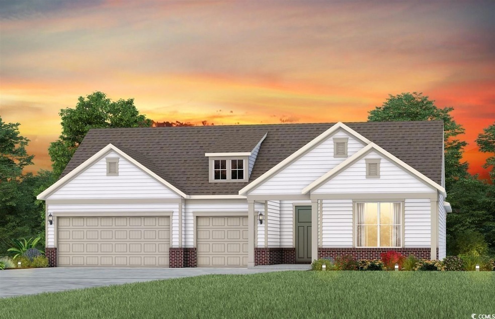 View of front of home featuring brick siding, concrete driveway, a front yard, and roof with shingles