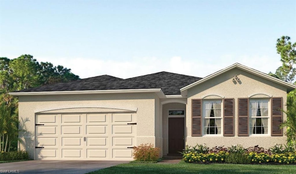 Ranch-style home with a garage, stucco siding, driveway, and roof with shingles
