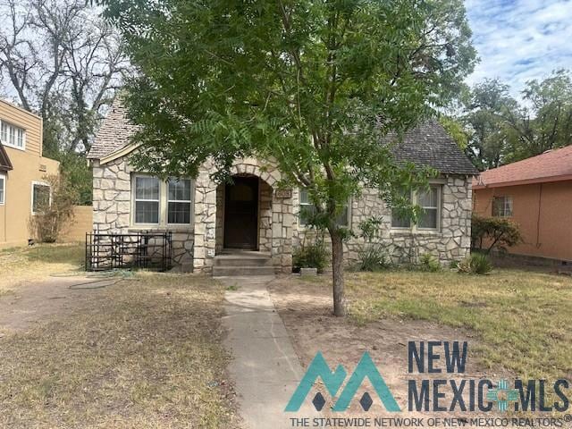 Obstructed view of property with stone siding, roof with shingles, and a front yard