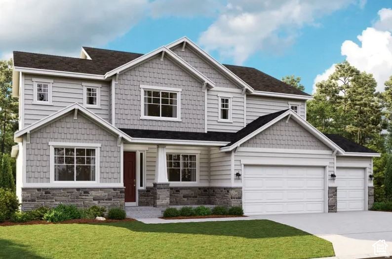 Craftsman-style house featuring stone siding, a front yard, driveway, and a porch