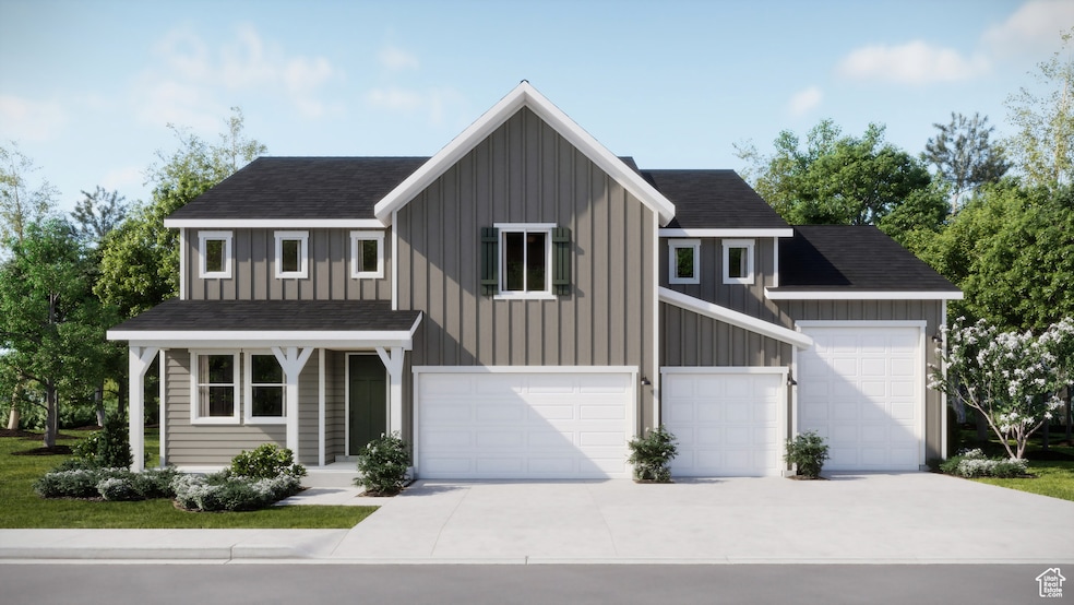 Rendering of our Teton floorplan with farmhouse elevation and attached RV garage.