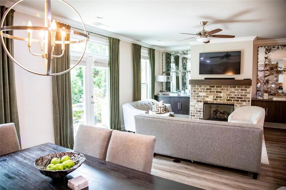 View from dining room with custom light fixture