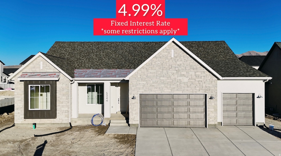 View of front facade with an attached garage, a shingled roof, driveway, and stone siding