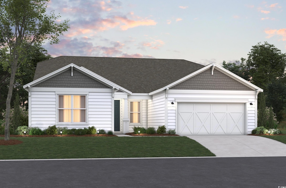 View of front facade with a yard, concrete driveway, an attached garage, and roof with shingles