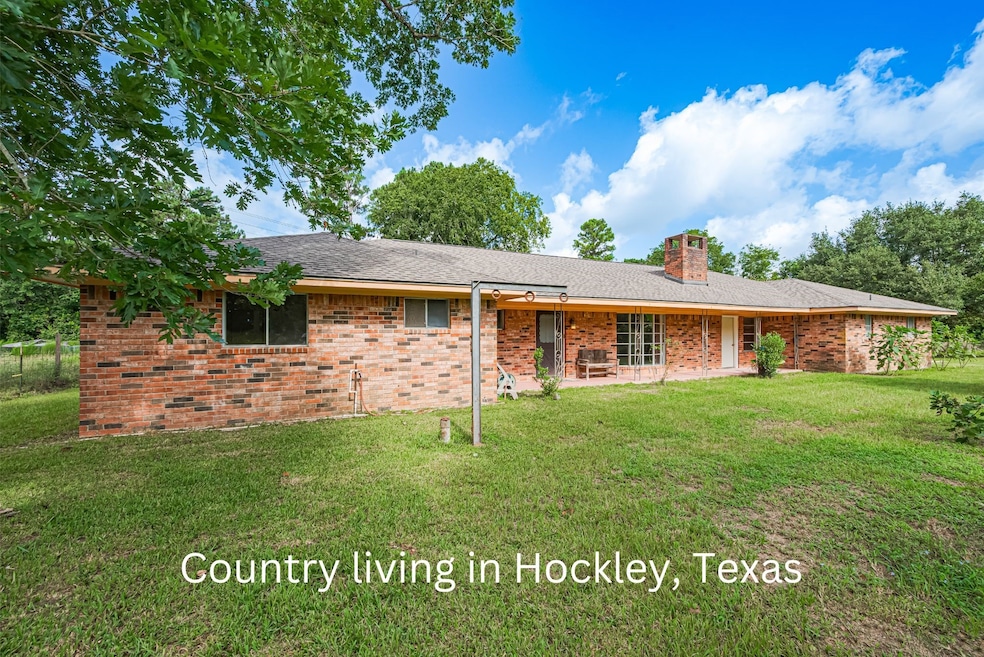 Charming brick ranch-style home in Hockley, Texas, featuring a spacious yard with lush greenery, perfect for country living.