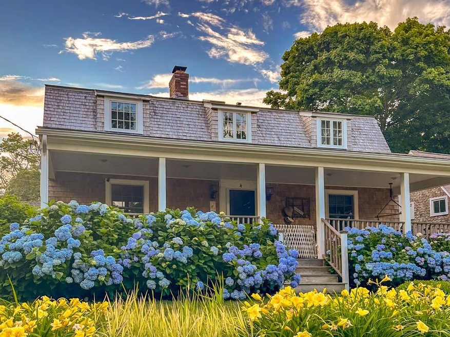 Front with hydrangeas and daffodils
