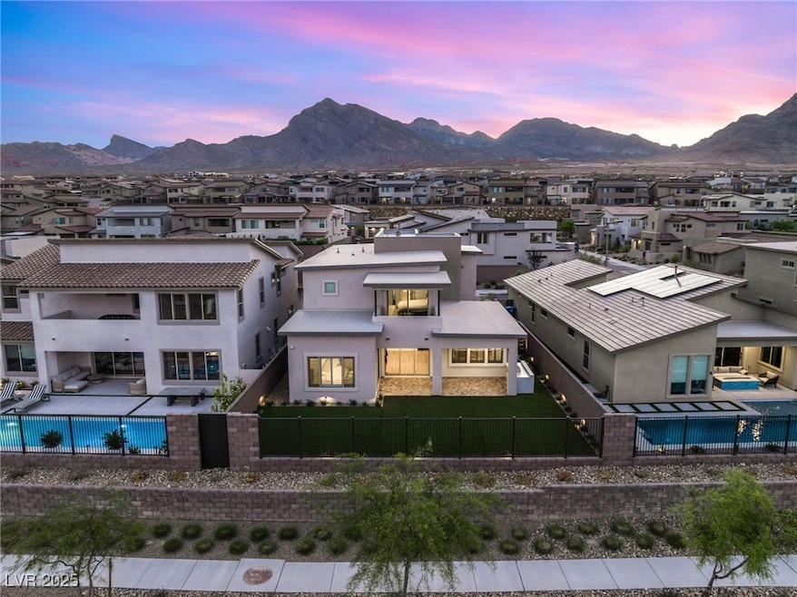 Aerial view of residential area with a pool area a