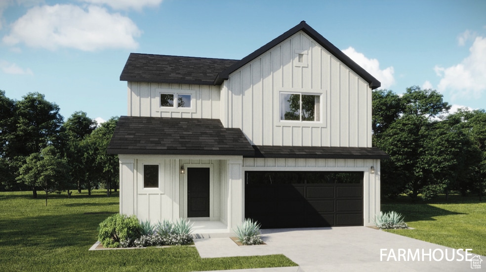 Colors will Vary - Rendering of Modern farmhouse featuring board and batten siding, roof with shingles, a front lawn, and a garage