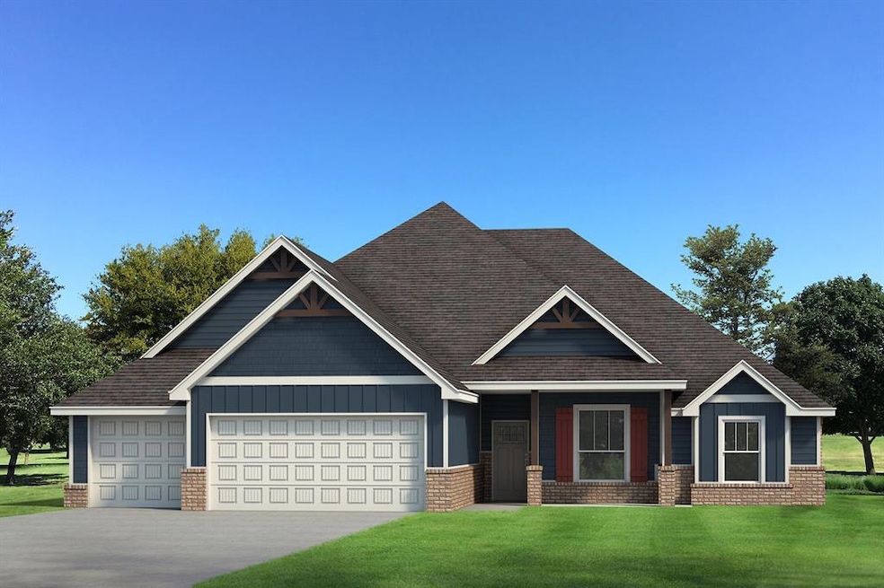 Craftsman-style house featuring an attached garage, a front lawn, brick siding, board and batten siding, and concrete driveway