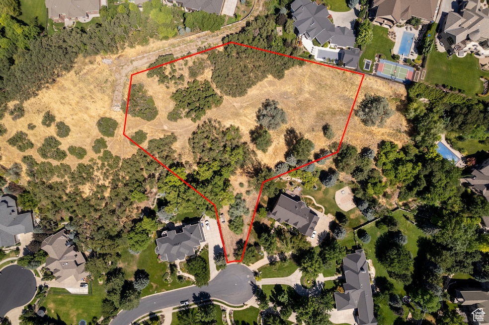 Aerial perspective of suburban area with property boundaries highlighted