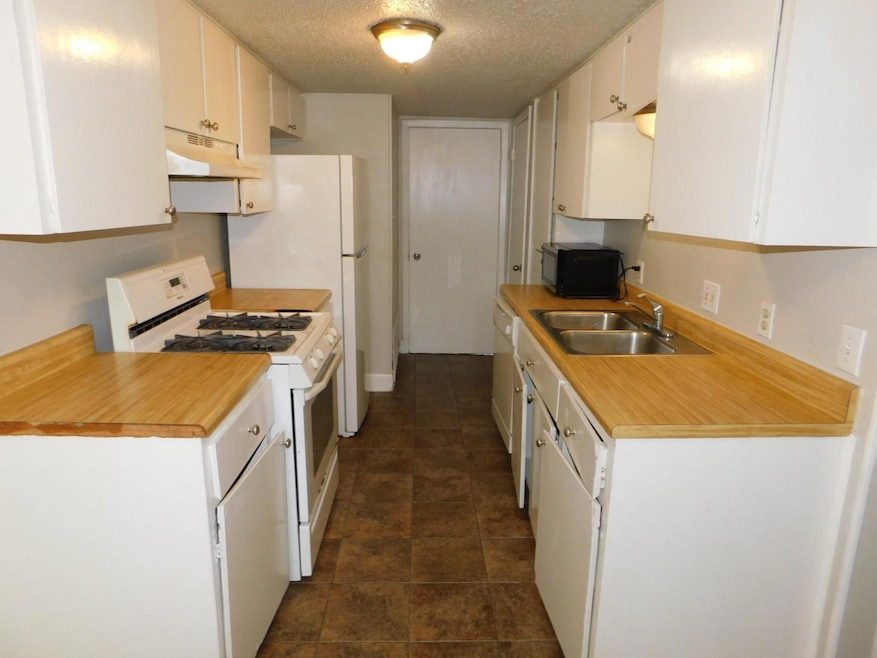 Kitchen featuring white gas stove, a sink, black 