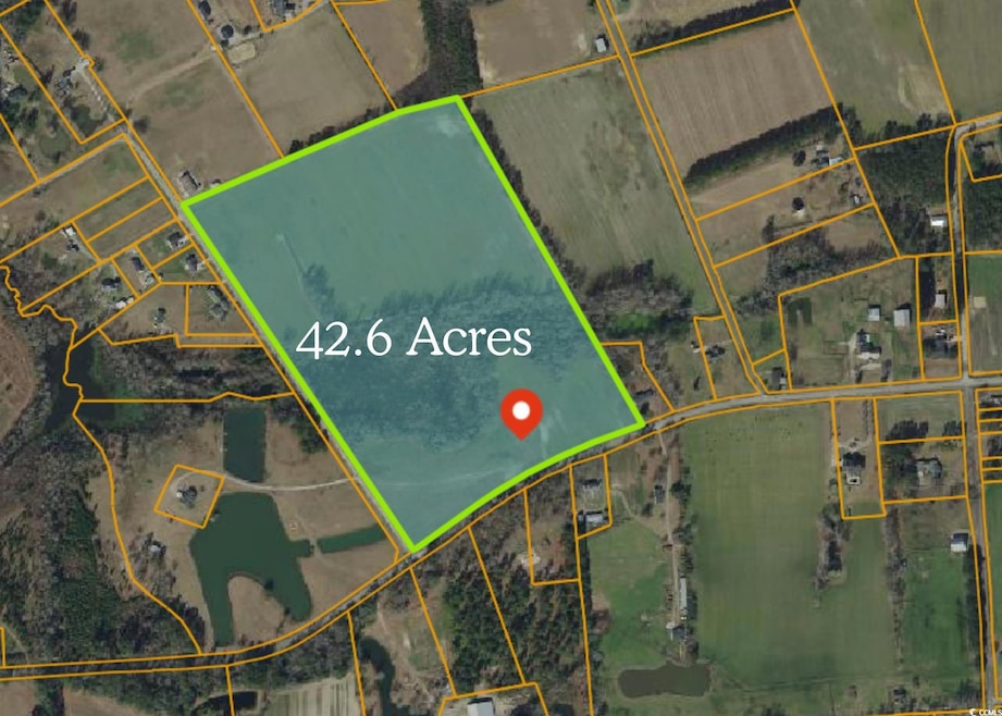 Aerial map of property and surrounding area featuring property boundaries highlighted