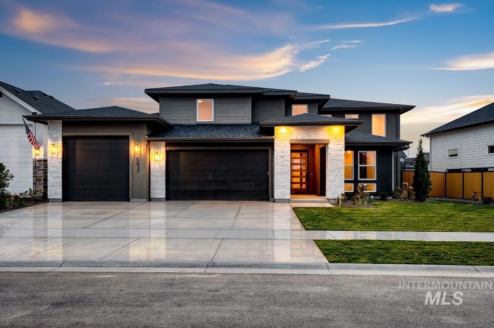 Prairie-style home featuring stone siding, concrete driveway, a garage, and roof with shingles