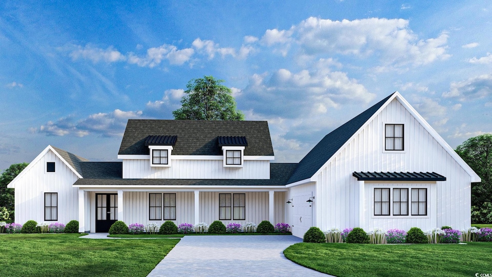 Modern inspired farmhouse with a porch, a garage, 