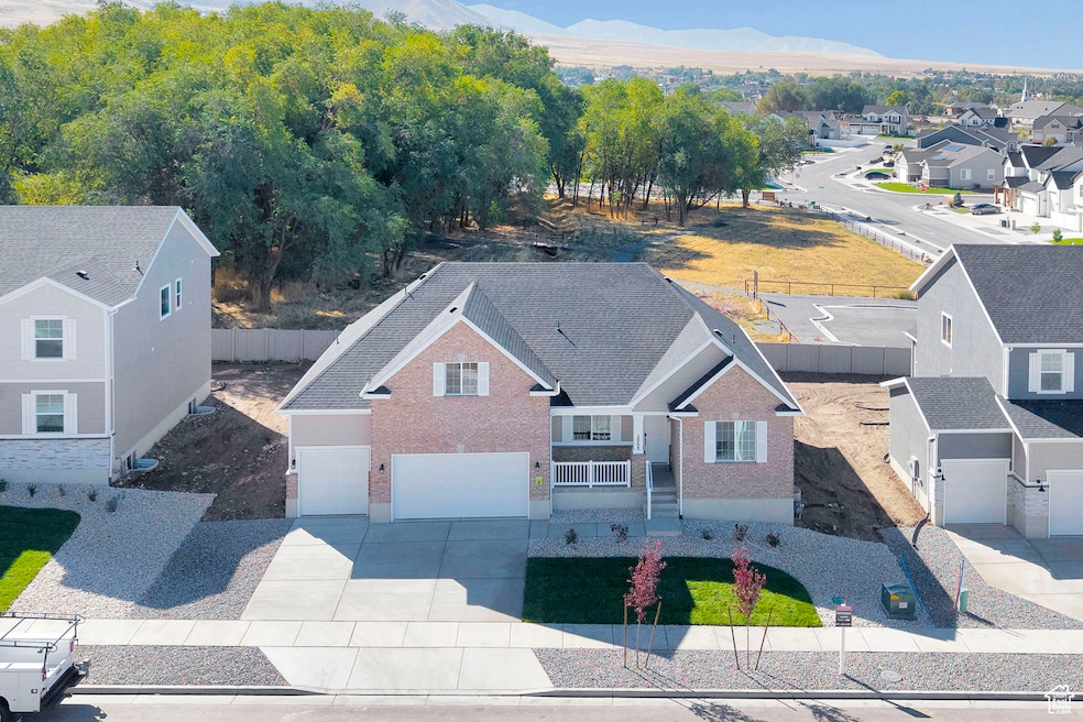 Aerial view of residential area with mountains