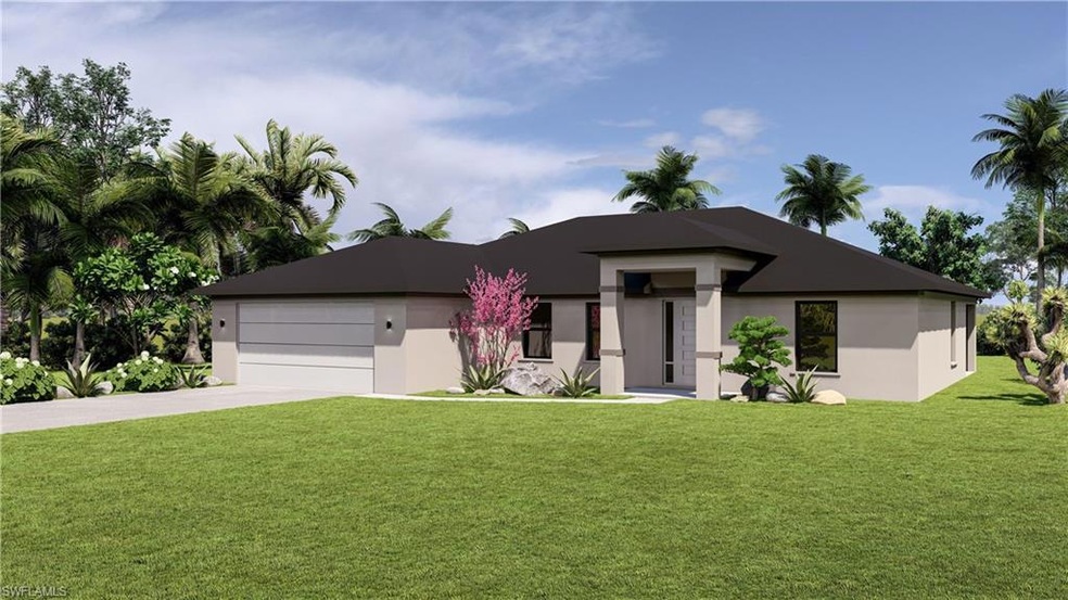 Rendering of a Prairie-style house featuring a front yard, driveway, stucco siding, and an attached garage