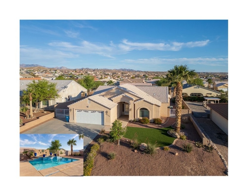View of front of property and backyard with a pool