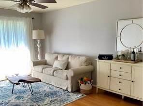 Living room featuring a ceiling fan and dark wood