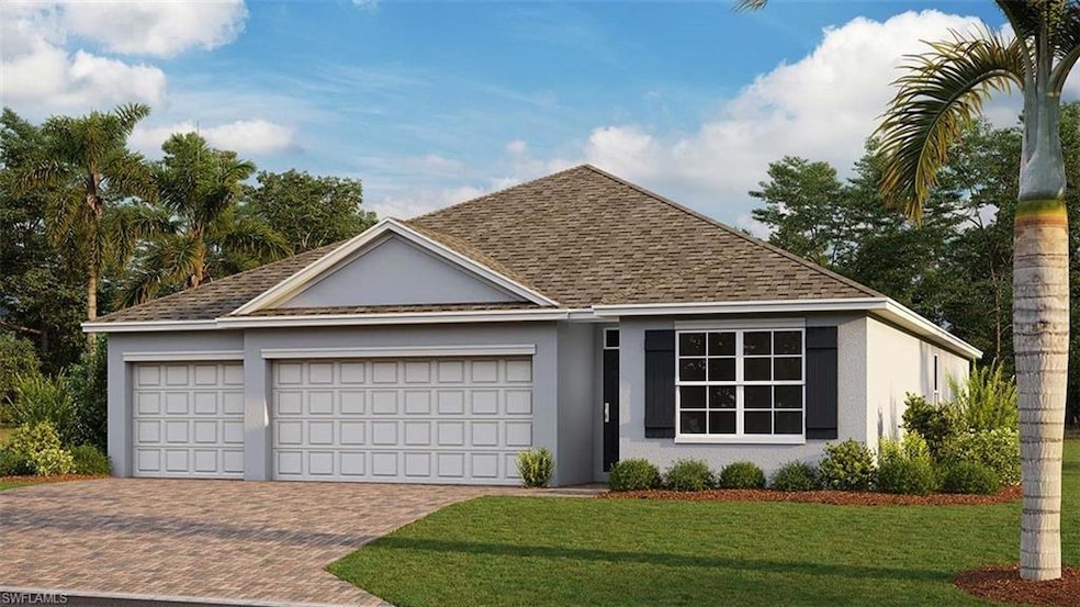 View of front of home featuring stucco siding, a garage, decorative driveway, a front yard, and a shingled roof