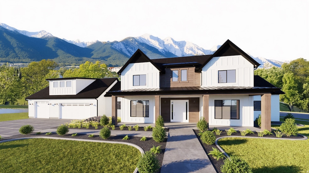 Modern inspired farmhouse featuring board and batten siding, a front lawn, covered porch, a mountain view, and driveway