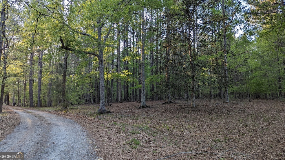 View of the gravel road frontage leading into the 7-acre CUP-zoned tract. Mature trees border the site, offering privacy and natural buffers within South Fulton's Cliftondale Overlay district.