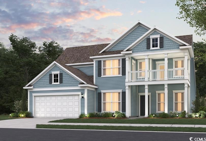 View of front facade with driveway, a balcony, roo