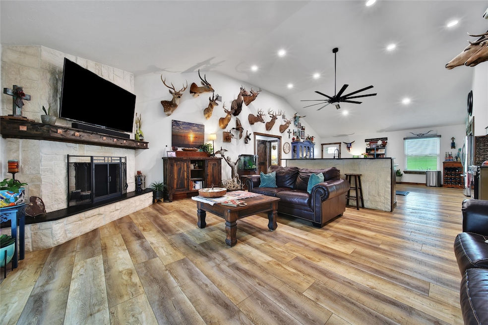 Custom white Austin rock fireplace