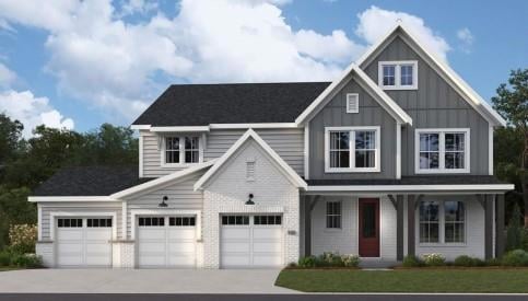 View of front of house with board and batten siding, driveway, a garage, a porch, and brick siding