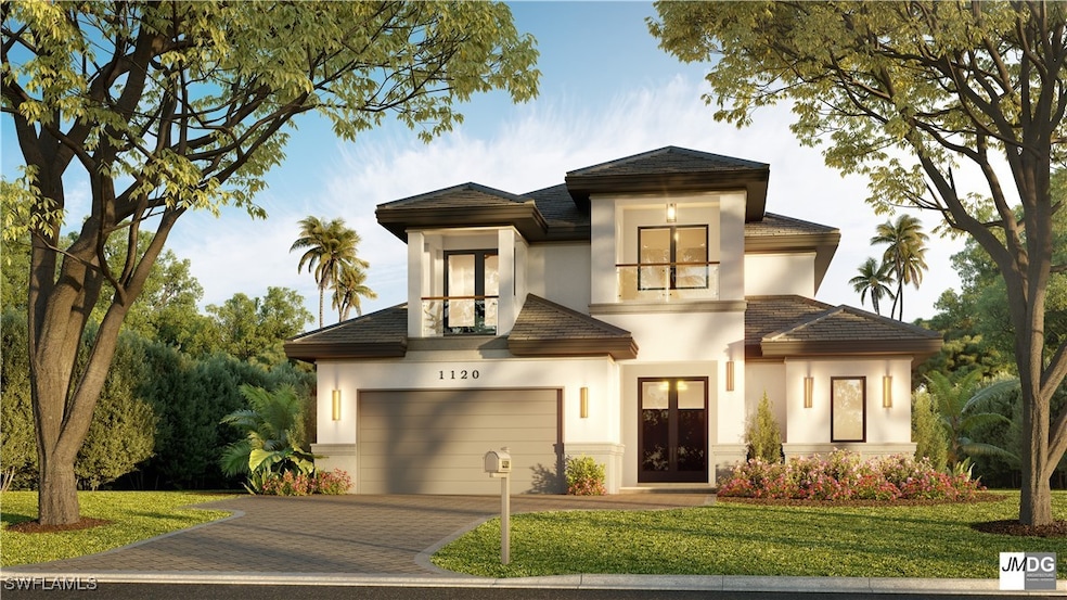 View of front of home with a garage, a front yard,