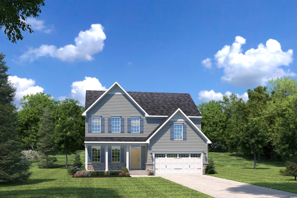 Traditional-style home featuring an attached garage, driveway, a front yard, roof with shingles, and covered porch