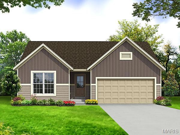 View of front of home with concrete driveway, a garage, a shingled roof, and a front yard