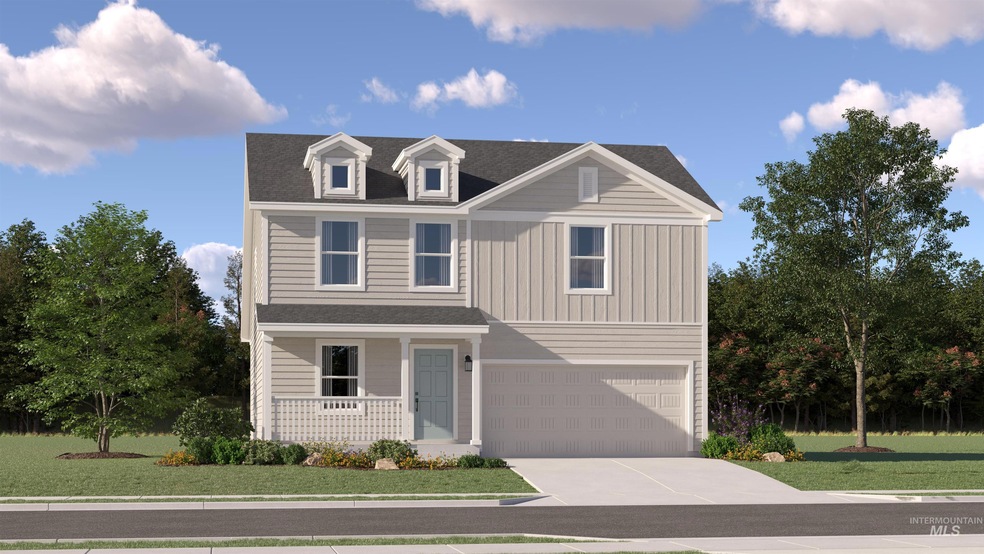 View of front of house with a porch, a front lawn, an attached garage, driveway, and roof with shingles