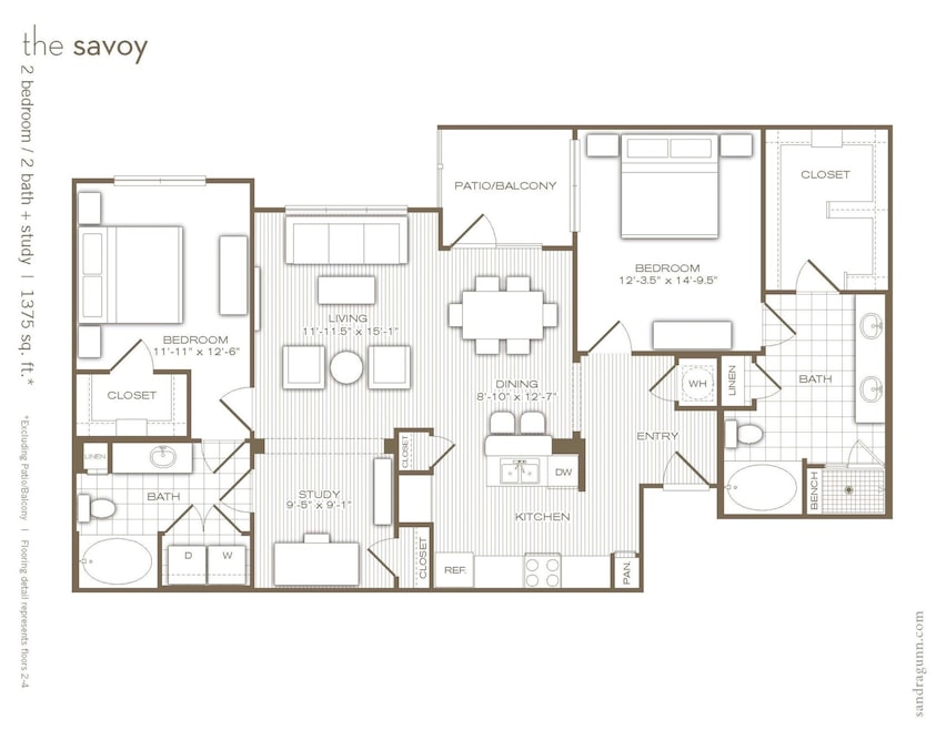 2/2/study with balcony. Optimized layout!