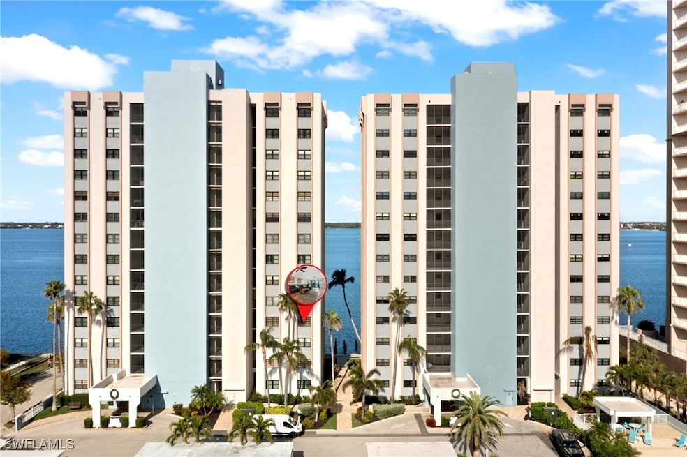 Buildings sit on the Caloosahatchee River