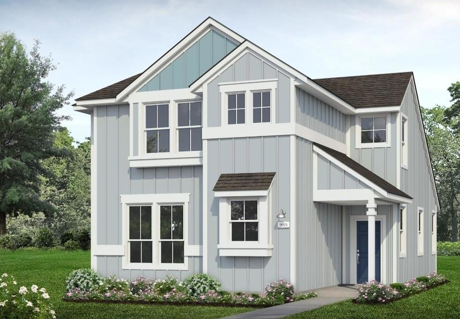 View of front of house with a shingled roof, boar