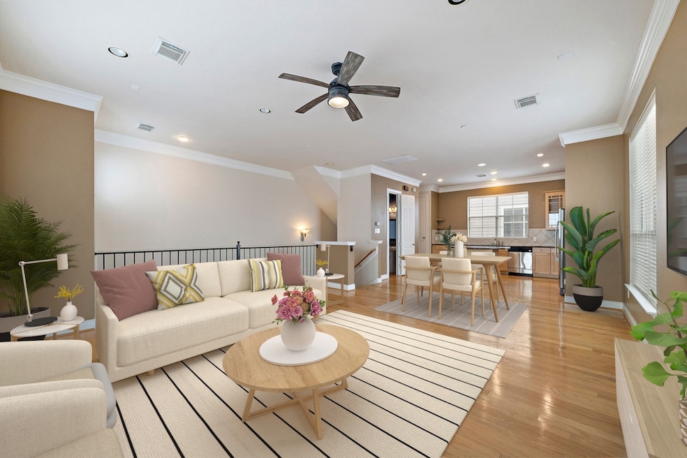 Open living, dining, kitchen