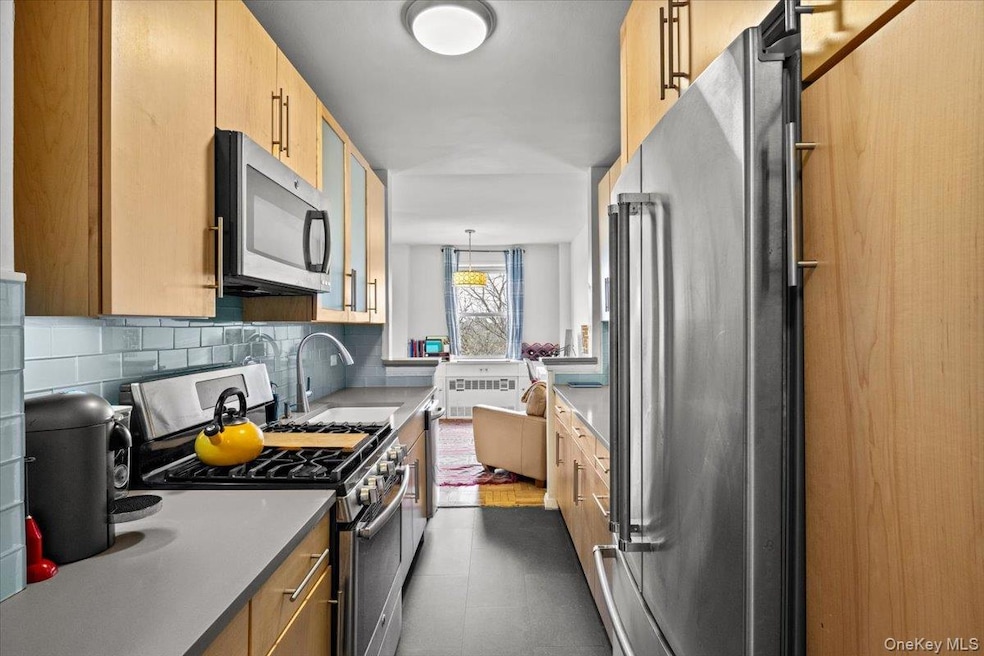 Kitchen featuring glass insert cabinets, tasteful backsplash, light countertops, a sink, and stainless steel appliances