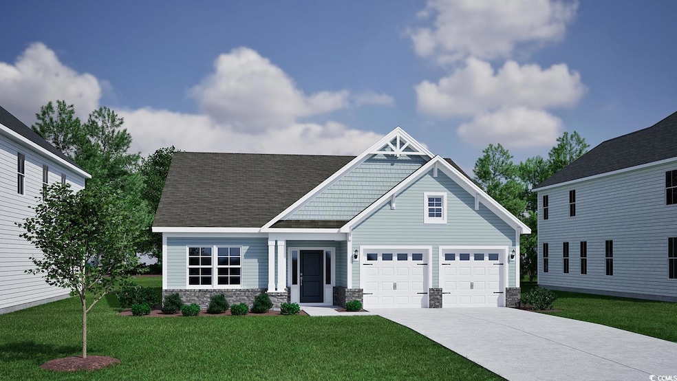 Craftsman-style home with concrete driveway, a front lawn, a garage, and roof with shingles
