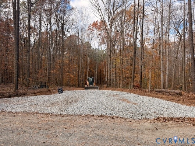View of yard featuring a view of trees