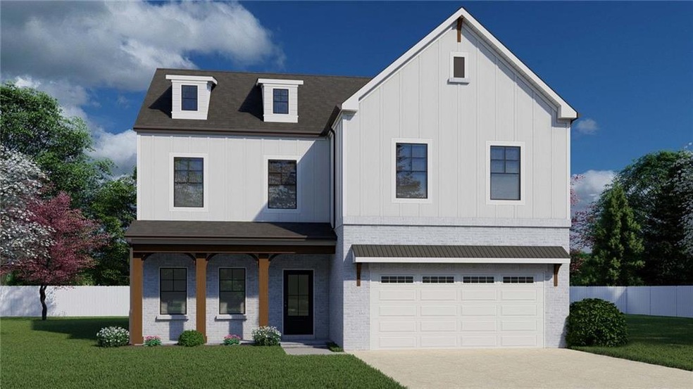 View of front of property featuring a porch, a gar