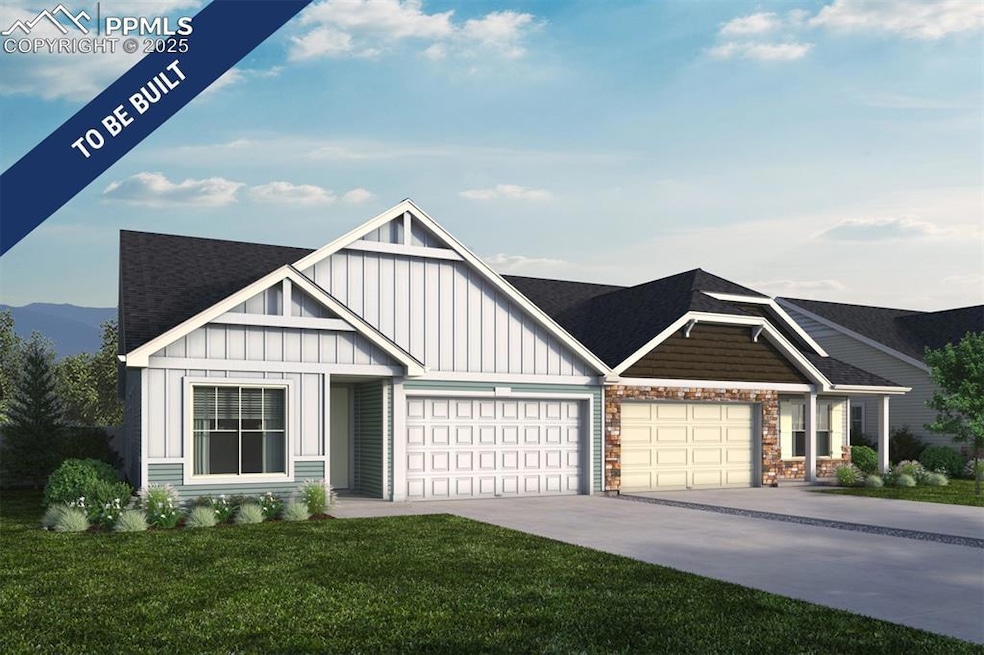Craftsman inspired home featuring board and batten siding, an attached garage, a front lawn, concrete driveway, and a shingled roof